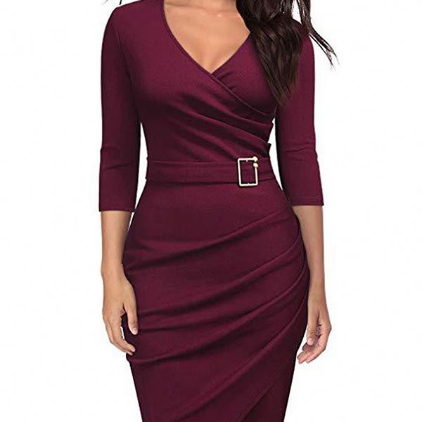 spring summer fall womens clothes three-quarter sleeve V-neck office dinner party ladies dress women lady elegant casual dresses 724GoShop