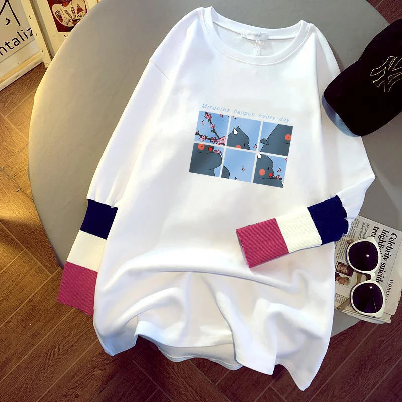 new women's blouse cartoon printing stitching sleeves white long-sleeved T-shirt ladies casual pullover C7326# 724GoShop