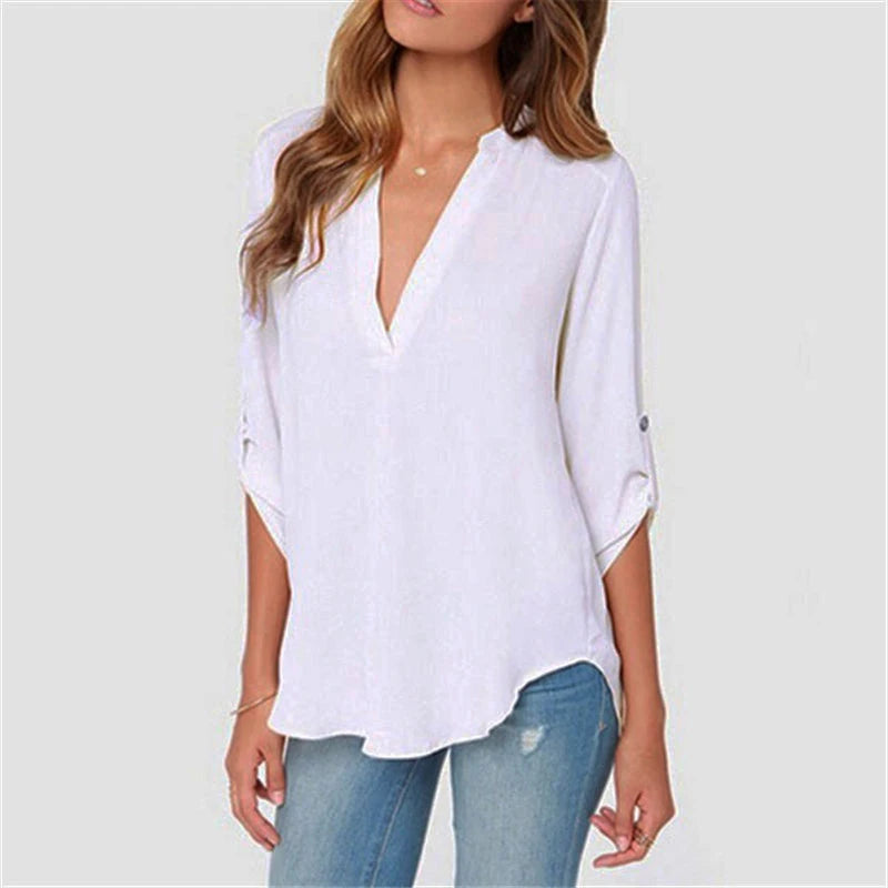 tops plus size women's V-neck long-sleeved pleated sleeve loose chiffon shirt White 724GoShop