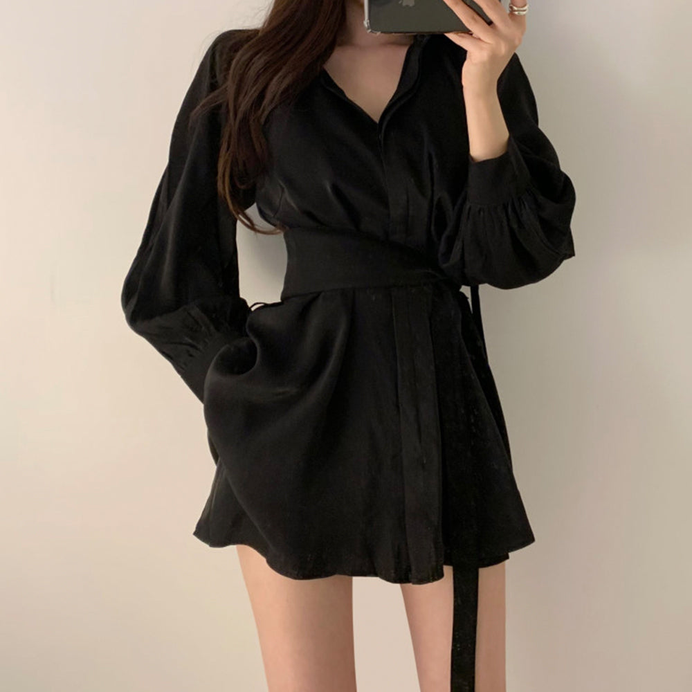 Women Long Shirts with Belt Solid Color Puff Long Sleeve French Lapel V-neck Loose Button Lady Tops Casual Shirt Black 724GoShop