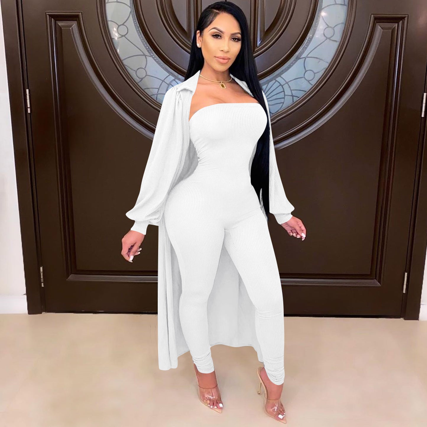 Solid Color Jumpsuit Suit High Elastic Cotton Pit Strip 2-Piece Set White 724GoShop