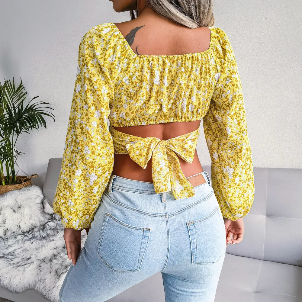 Tops Long Sleeve Floral Retro T-shirt Clothes Unique Design Square Neck Casual Shirt 724GoShop