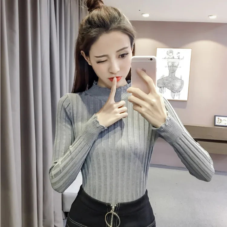 High Neck Office Lady Base Shirt Long Sleeve Thin Knitted Sweater Plus Size Gray 724GoShop