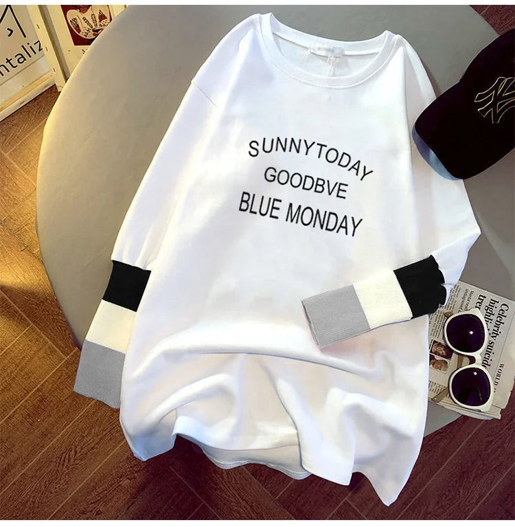 new women's blouse cartoon printing stitching sleeves white long-sleeved T-shirt ladies casual pullover 724GoShop