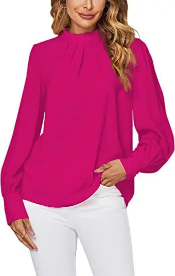 Women Long Sleeve Blouses Lady Loose Casual Chiffon Shirt Tops Blouse Fuchsia 724GoShop