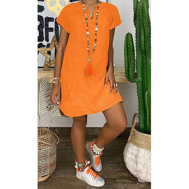 Summer Casual Dresses 2022 Loose Solid Color Short-sleeve V-neck Cotton And Linen Dress Orange 724GoShop