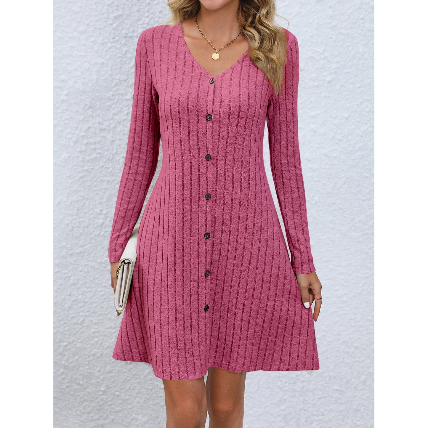 Women's Long Sleeve Solid Color Dress Botton Loose High Waist A-line V-Neck Women's Clothes Casual Dress 724GoShop