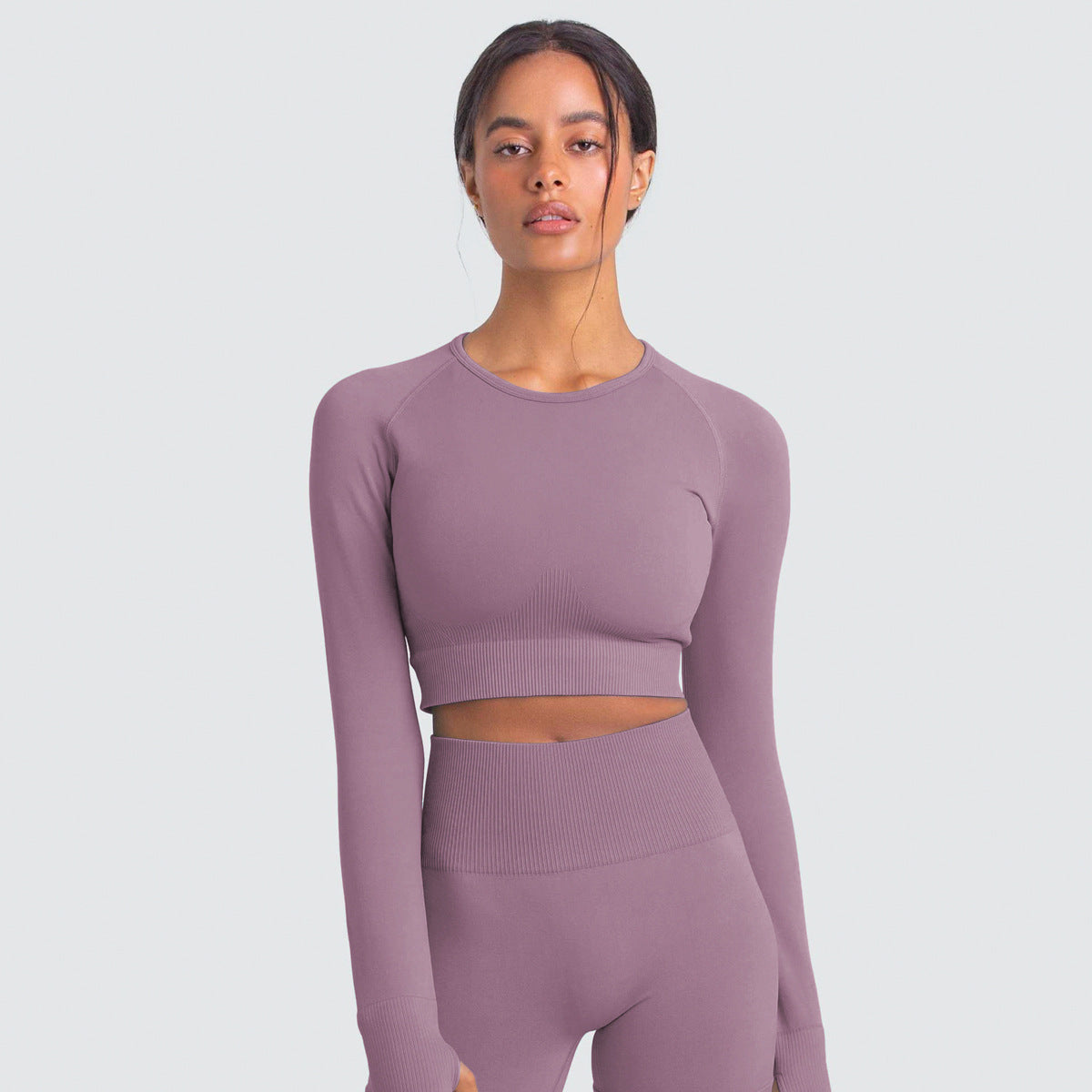 Seamless Pure Color Fitness Slim Breathable Tops Yoga Sports Gym Tight Long Sleeve Shirt For Women Dark purple 724GoShop