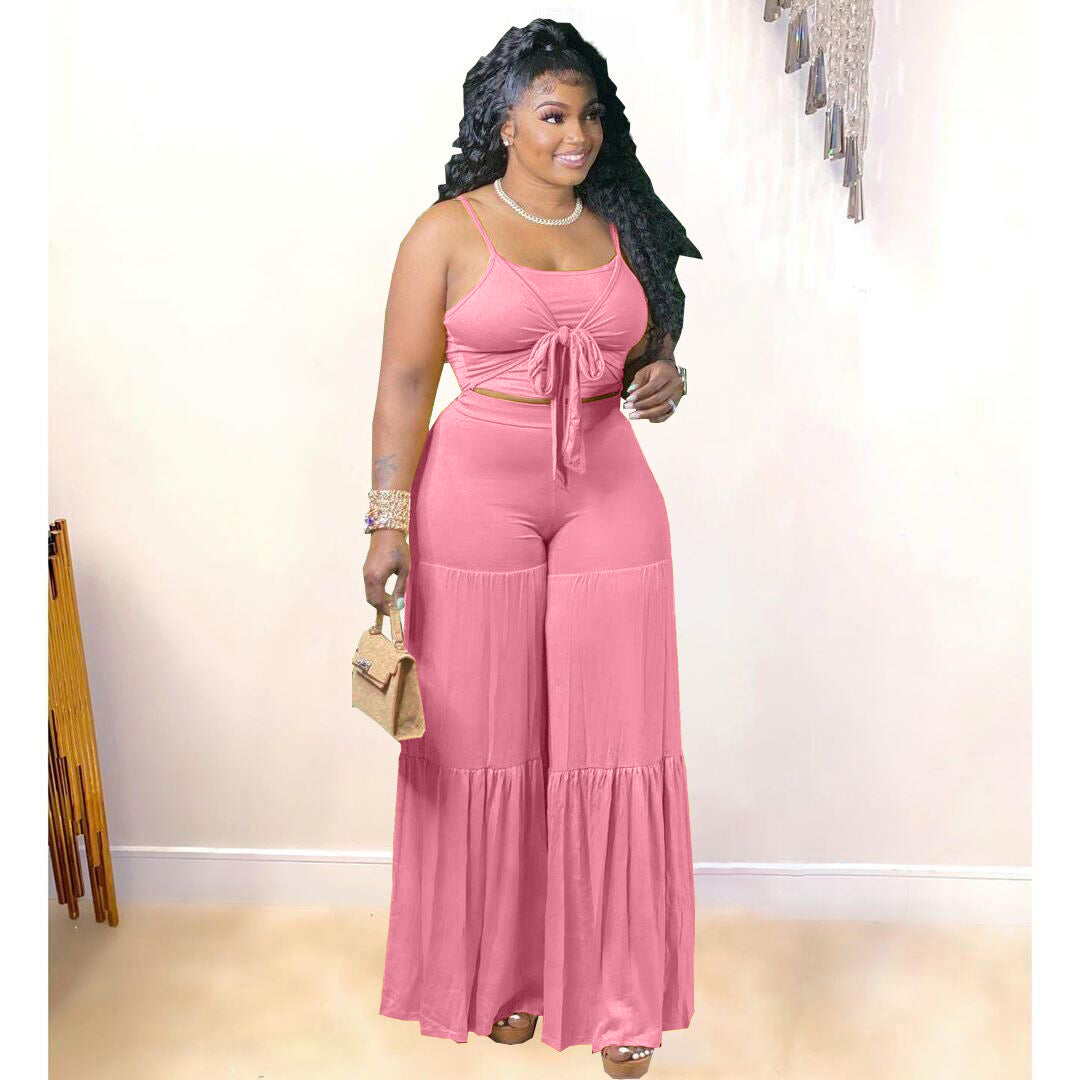 trendy casual plus size women clothes clothing dropshipping 2022 summer tank top and flare pants two 2 piece set fat lady outfit 724GoShop