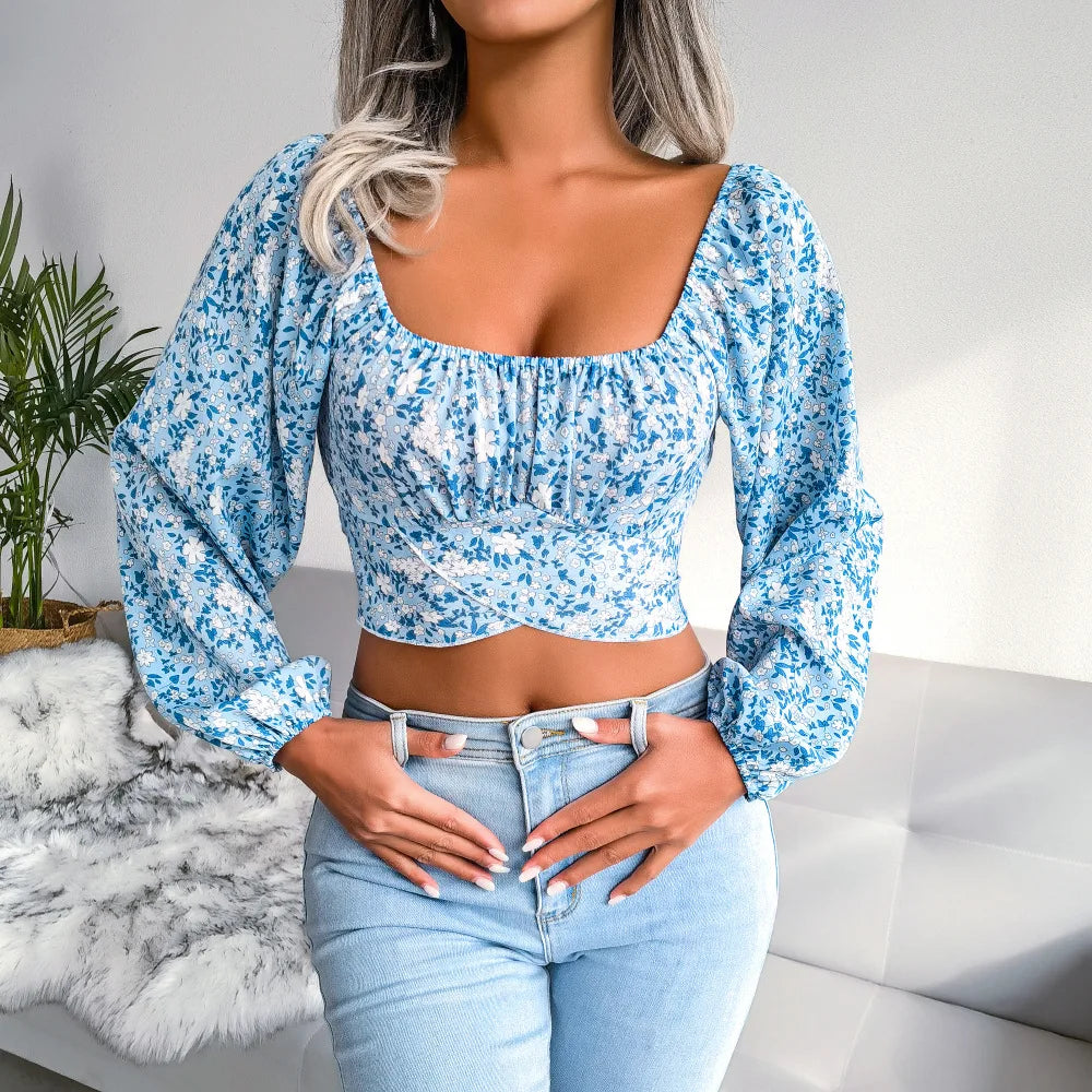 Tops Long Sleeve Floral Retro T-shirt Clothes Unique Design Square Neck Casual Shirt Blue 724GoShop