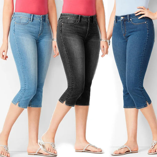 Women Denim Cropped Pants Jeans Midi Waist Shorts Retro Button Pockets Stretch Slim Casual Pants 724GoShop