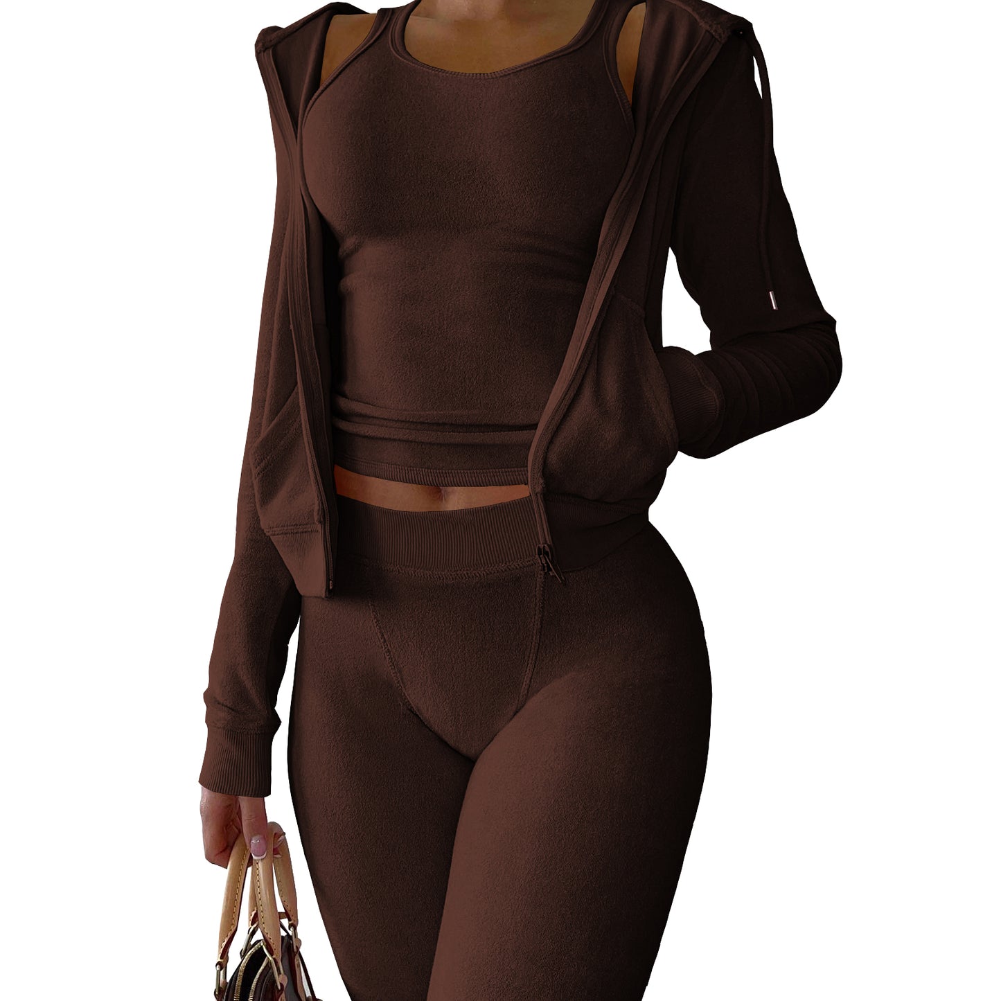 Three Piece Set Sweatshirt Tracksuit legging and Hoodie Brown 724GoShop