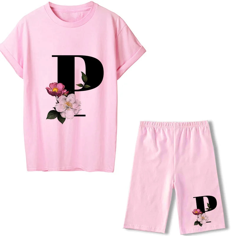 Short Sleeve Graphic Tee Black Letter Floral Tshirt Women T Shirt And Shorts 2 Pieces Set Outfits P 724GoShop