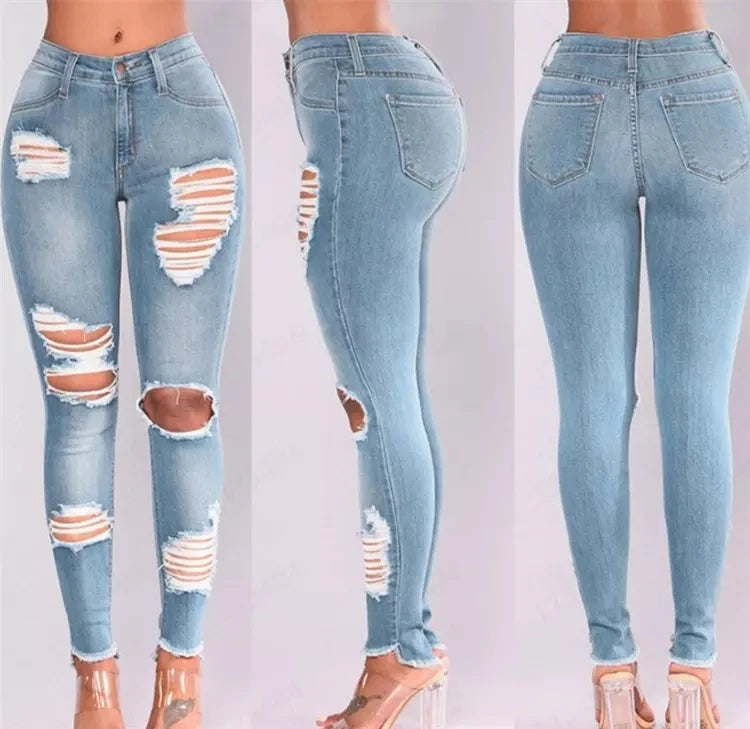 Women High Waist Hip Lifting Ripped Denim Slim Fit Denim Jeans 724GoShop