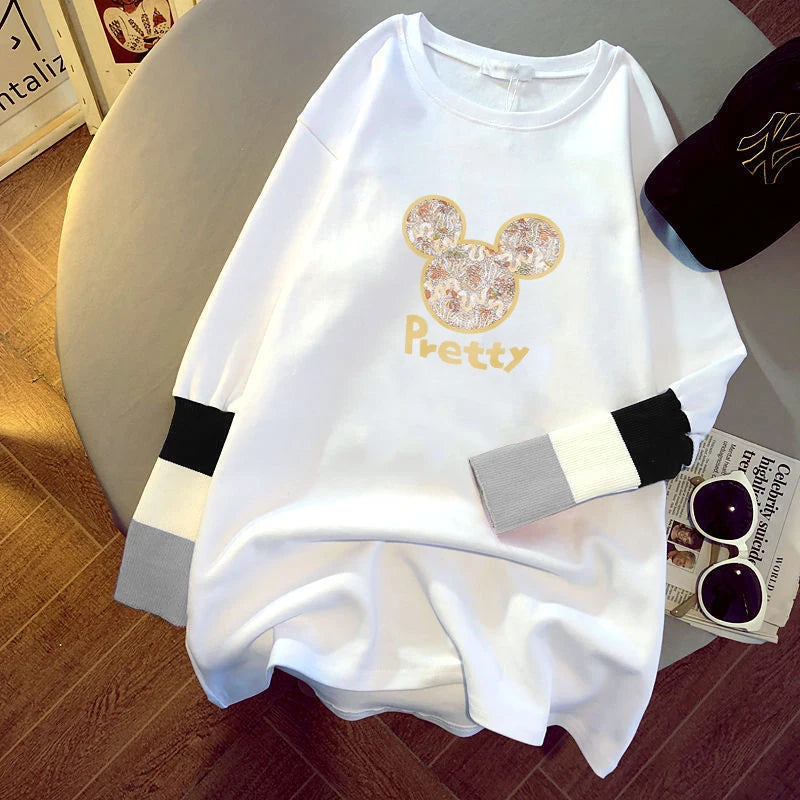 new women's blouse cartoon printing stitching sleeves white long-sleeved T-shirt ladies casual pullover 8326# 724GoShop