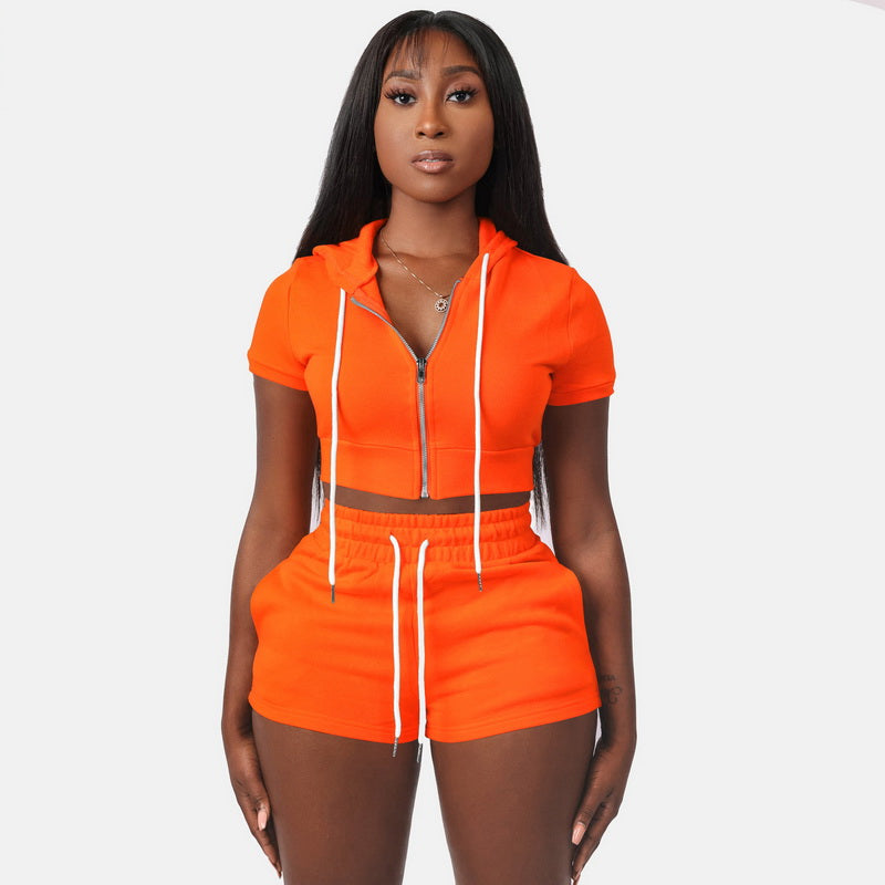 PASUXI women Hoodie Two Set Zip Crop & Sweat Shorts Orange 724GoShop