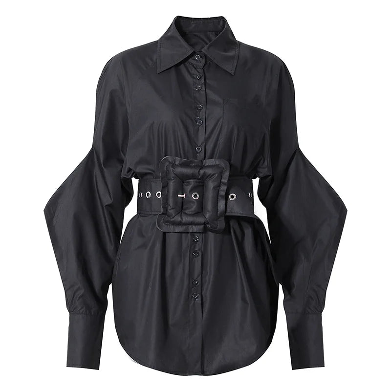 Women Long Sleeve Cotton Blouse Shirt Clothes Woman Tops Fashionable Shirts With Belt Black 724GoShop