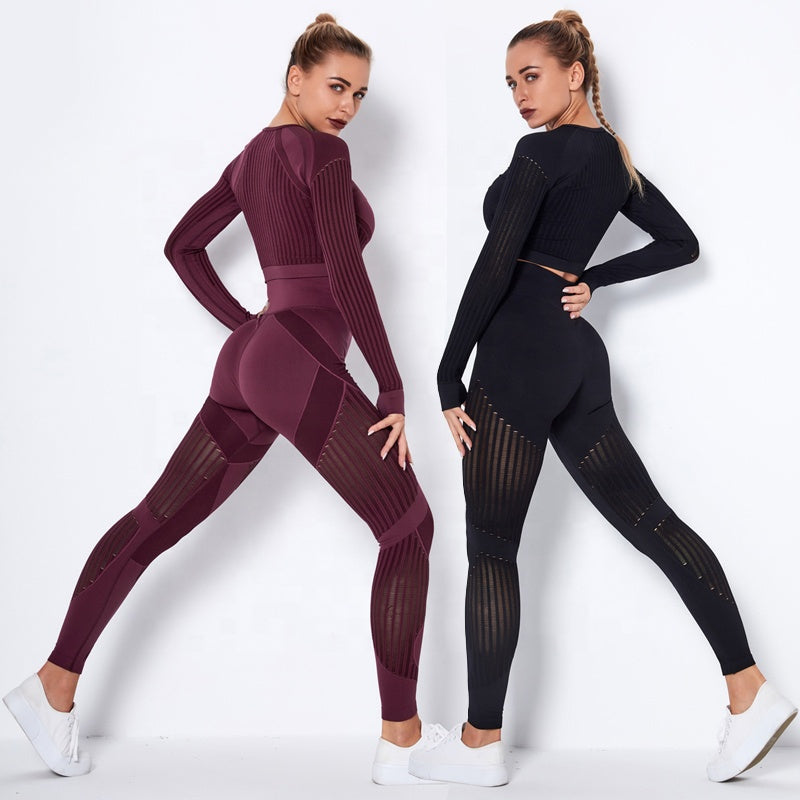 Women High waist Fitness Leggings Sport Set Tracksuit Workout Long Sleeve Seamless Yoga Clothes 724GoShop