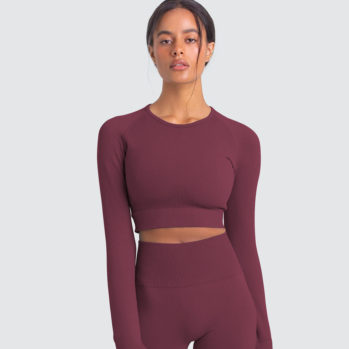 Seamless Pure Color Fitness Slim Breathable Tops Yoga Sports Gym Tight Long Sleeve Shirt For Women Wine red 724GoShop