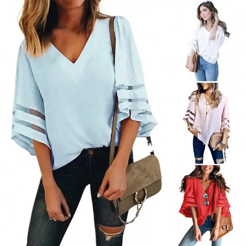 Women Solid Color Short Sleeve Loose V-neck Mesh Matching Flare Sleeve Tops T-shirt 724GoShop