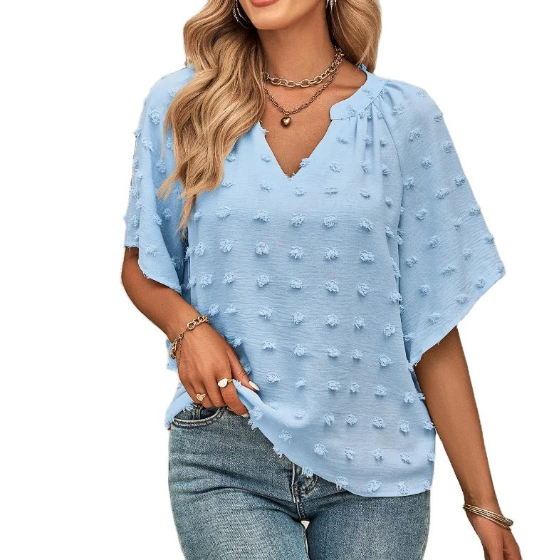 Women's Shirt V-neck Solid Color Chiffon Shirt Large Wool Ball Short Sleeve Patchwork Top 724GoShop