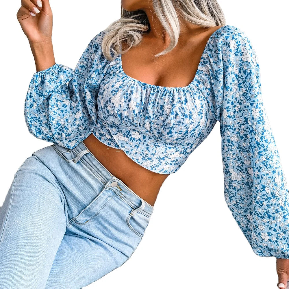 Tops Long Sleeve Floral Retro T-shirt Clothes Unique Design Square Neck Casual Shirt 724GoShop