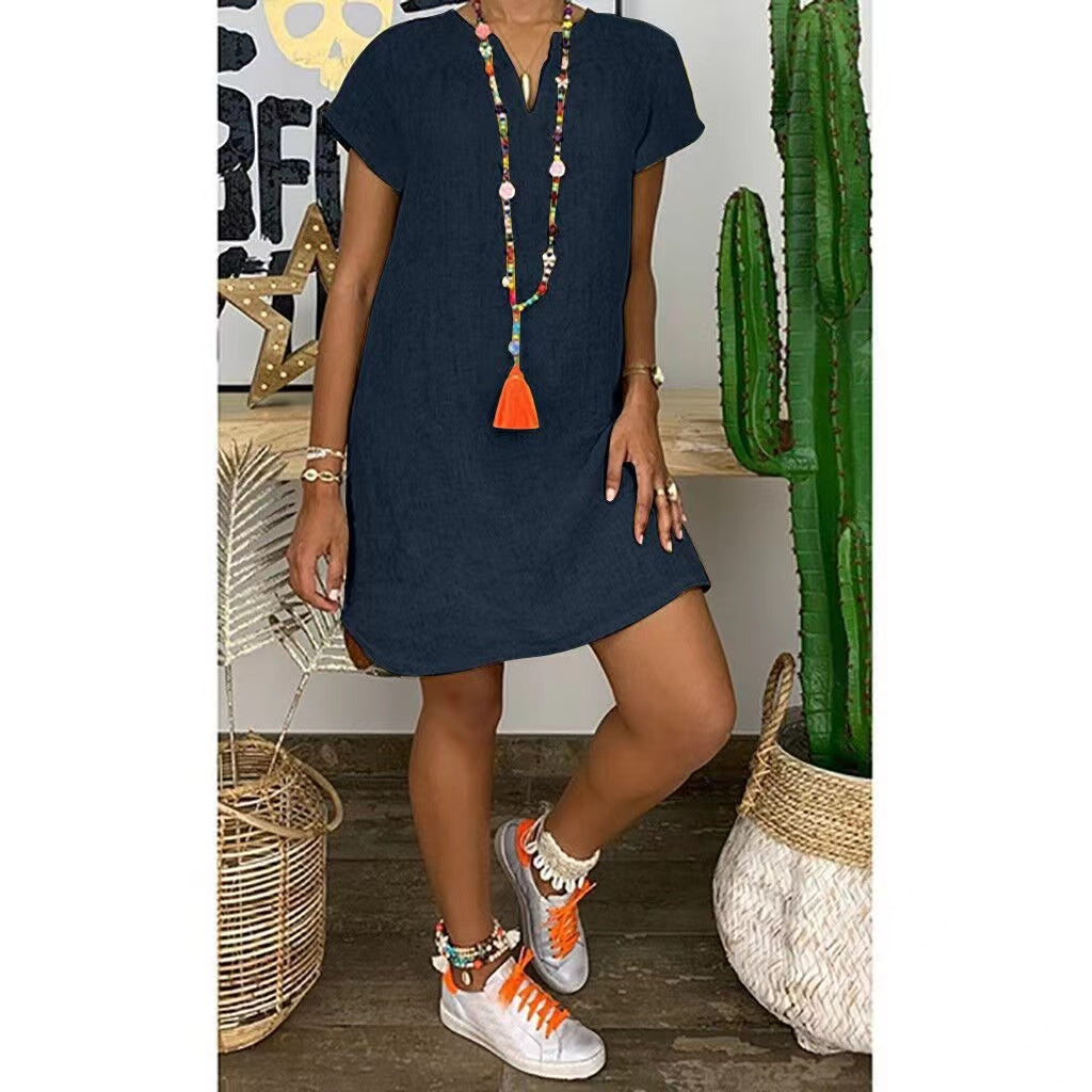 Summer Casual Dresses 2022 Loose Solid Color Short-sleeve V-neck Cotton And Linen Dress Dark blue 724GoShop