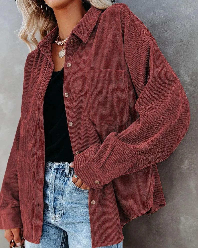 women long sleeve blouse solid color casual coat shirt Red 724GoShop