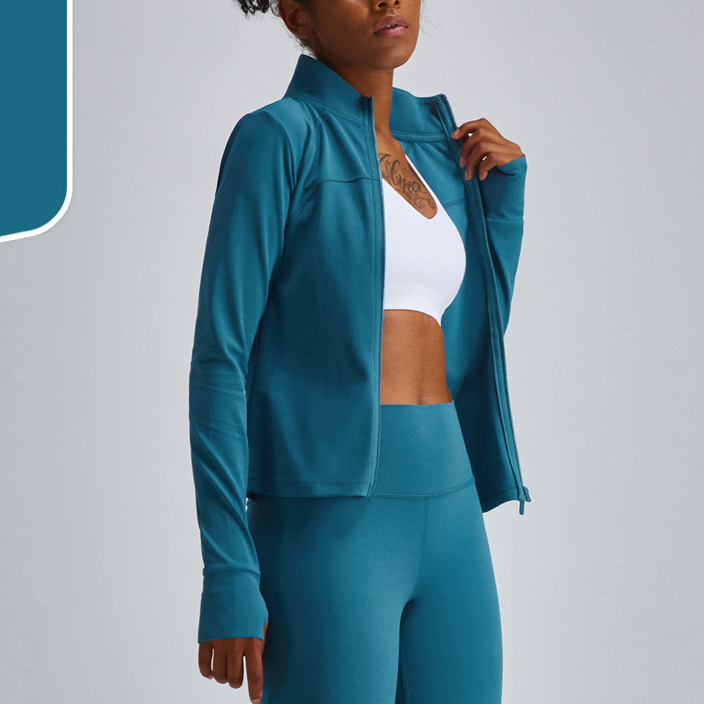 women jacket sport clothes woman gym long sleeve crop zip top Desert teal 724GoShop