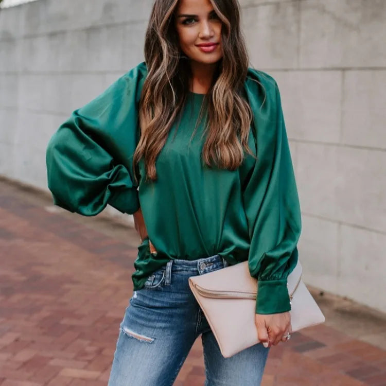 Europe and America Long Sleeve Round Collar Solid Color Women's Top green 724GoShop