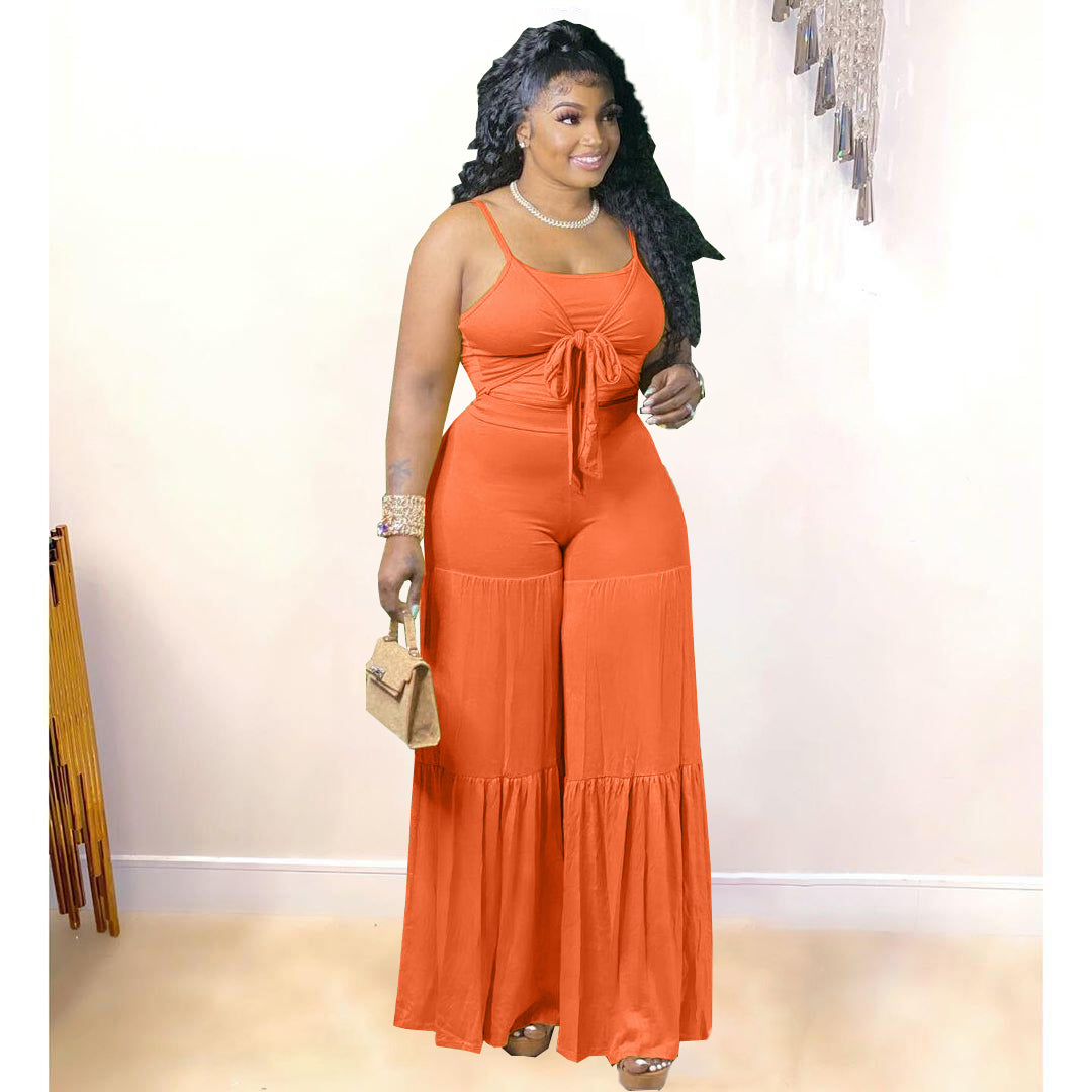 trendy casual plus size women clothes clothing dropshipping 2022 summer tank top and flare pants two 2 piece set fat lady outfit 724GoShop