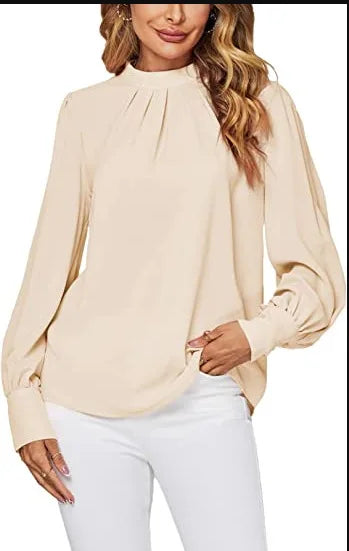 Women Long Sleeve Blouses Lady Loose Casual Chiffon Shirt Tops Blouse Beige 724GoShop