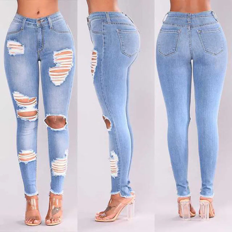 Women High Waist Hip Lifting Ripped Denim Slim Fit Denim Jeans 724GoShop