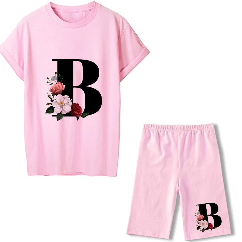 Short Sleeve Graphic Tee Black Letter Floral Tshirt Women T Shirt And Shorts 2 Pieces Set Outfits B 724GoShop