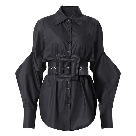 Women Long Sleeve Cotton Blouse Shirt Clothes Woman Tops Fashionable Shirts With Belt 724GoShop