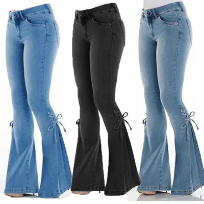 Ladies Jeans Mid-Waist Lace-Up Denim Trousers Stretch 724GoShop