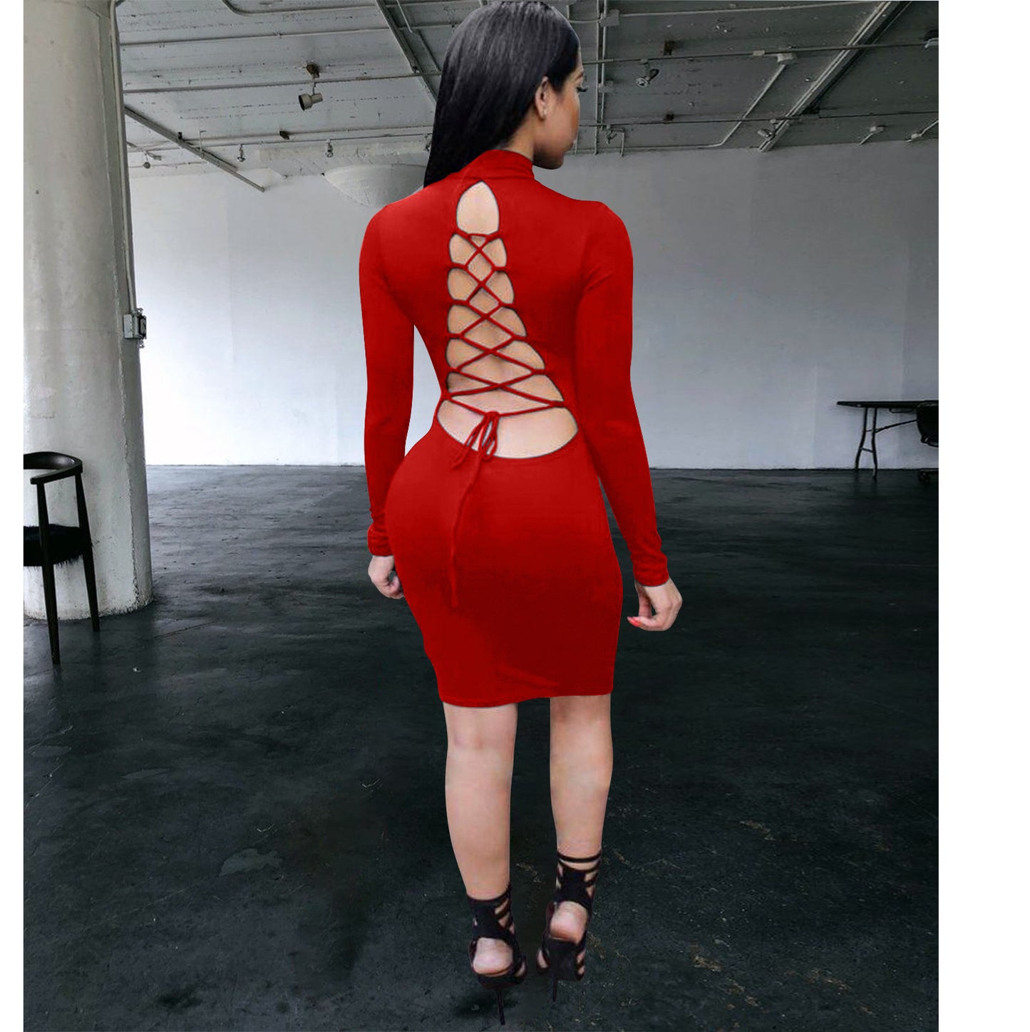 Women's Sexy Solid Color Round Neck Bodycon Long Sleeve Bandage Backless Party Club Dress 724GoShop