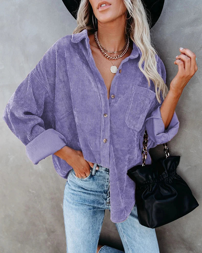 women long sleeve blouse solid color casual coat shirt Purple 724GoShop