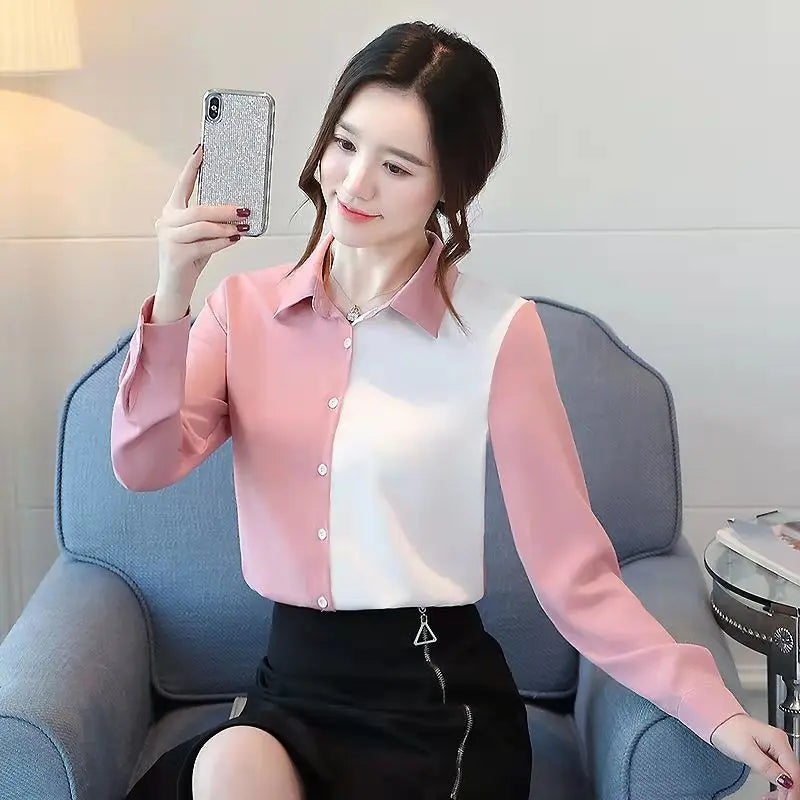 Women's Shirt Design Feeling Office Chiffon Loose Shirt Pink 724GoShop