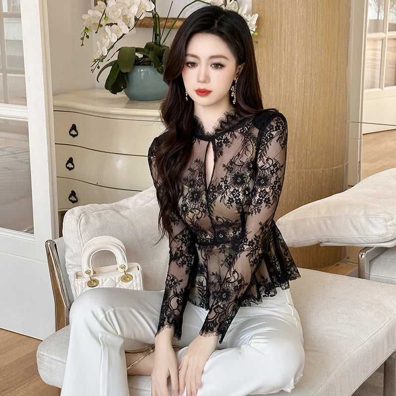 Stylish Hollow Out Slim Ruffle Top Black Sexy Thin Lace Blouse Shirt 724GoShop