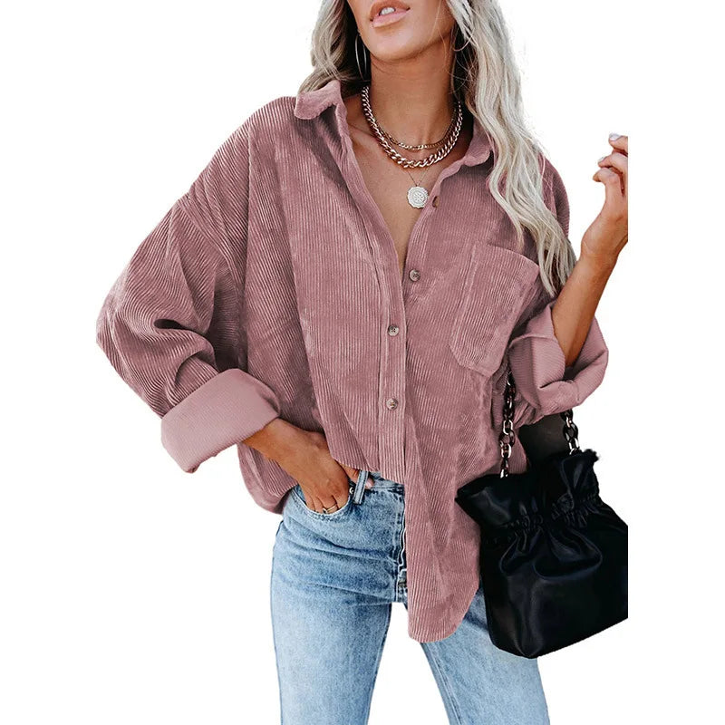 women long sleeve blouse solid color casual coat shirt Pink 724GoShop