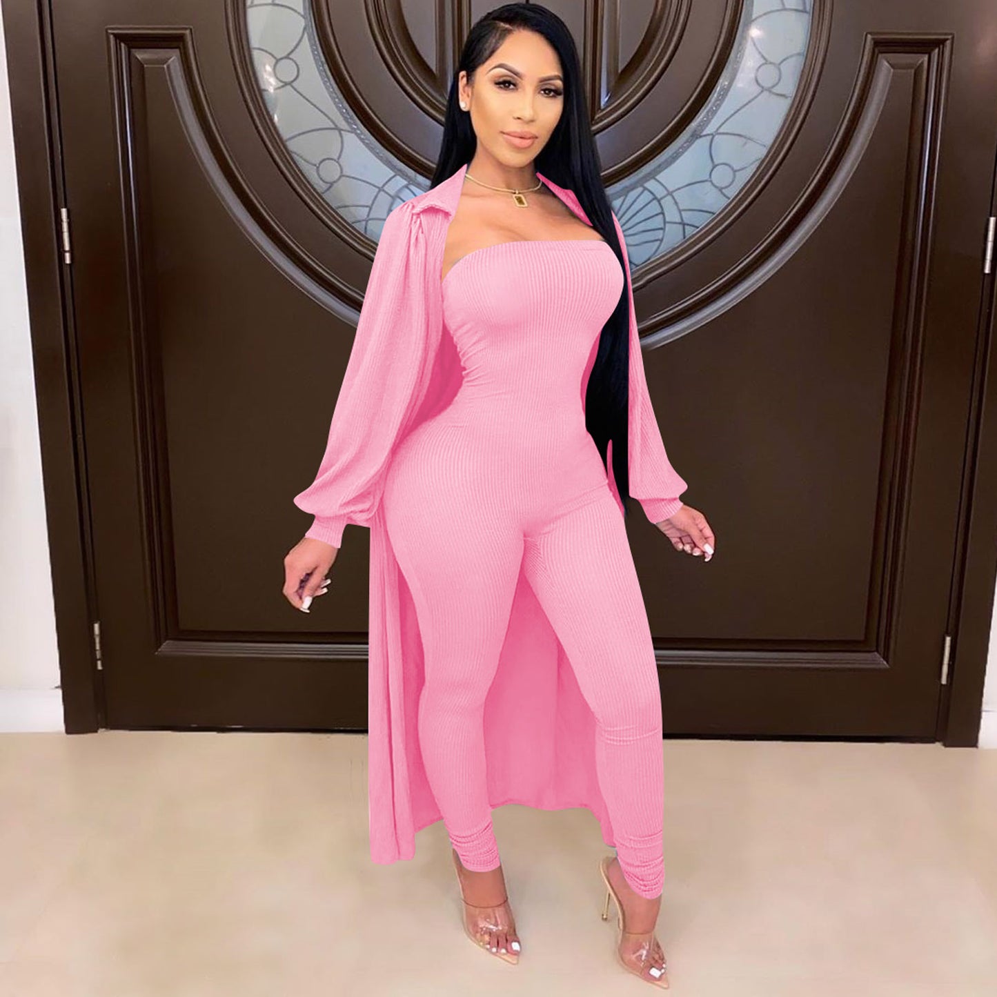 Solid Color Jumpsuit Suit High Elastic Cotton Pit Strip 2-Piece Set Pink 724GoShop