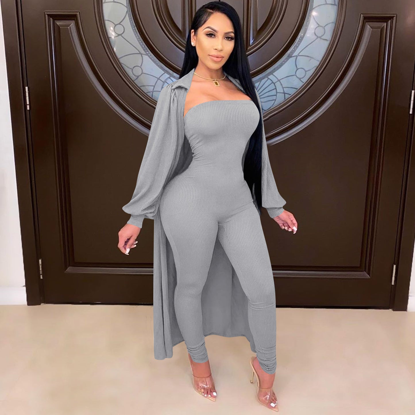 Solid Color Jumpsuit Suit High Elastic Cotton Pit Strip 2-Piece Set Gray 724GoShop