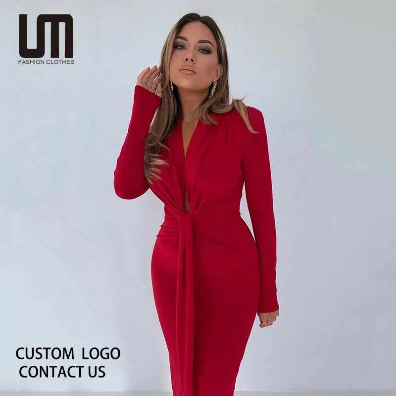 Liu Ming 2023 Fashion Women Clothes Sexy V Neck Long Sleeve Pleated Maxi Bodycon Dress 724GoShop