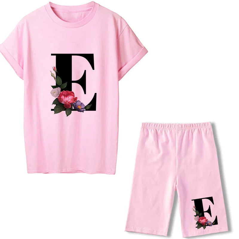 Short Sleeve Graphic Tee Black Letter Floral Tshirt Women T Shirt And Shorts 2 Pieces Set Outfits E 724GoShop