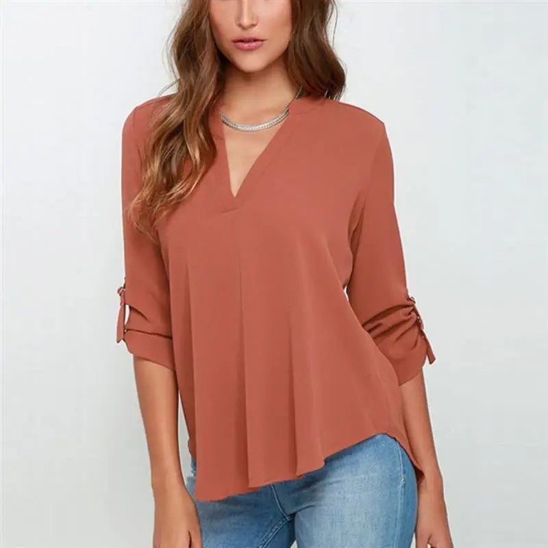 tops plus size women's V-neck long-sleeved pleated sleeve loose chiffon shirt CORAL RED 724GoShop